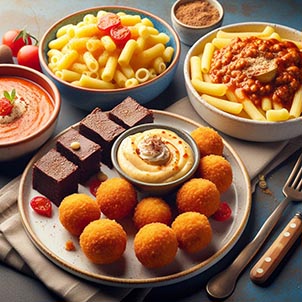 Un plato de Croquetas, plato Macarrones boloñesa, plato Salmorejo y Brownie